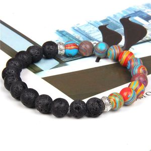 Hebras de cuentas 8 mm Pulsera de piedra natural Malaquita Color plata Espaciador Granos Pulseras Colorido Yoga Equilibrio Joyería para hombres Mujeres Lars22