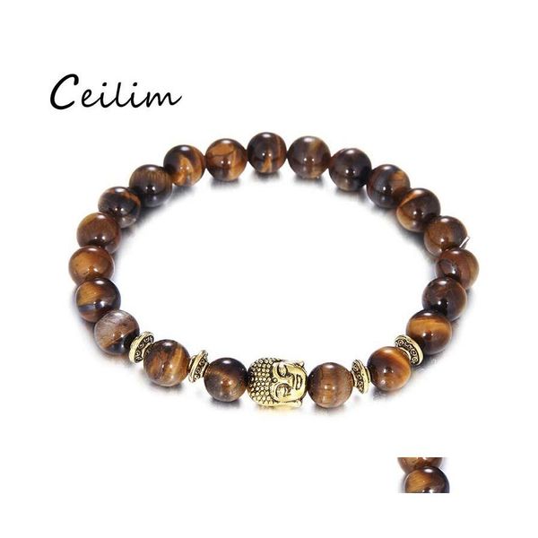 Beaded Strands 8Mm Tiger Eye Beads Pulsera Joyería de moda Venta al por mayor de piedra natural con Buda Charm Hombres Pulseras Brazalete Lion Dro Ot8M4