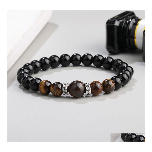 Brins de perles Arrivée 8mm Bracelet de perles de verre noir pour femmes hommes à la main Oeil de tigre Micro Pave Zircon Joint Charme Bijoux de mode Dhjci