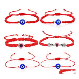 Hebras de cuentas Ojo azul Cuentas redondas Pulsera Evil Turkish Eyes Hecho a mano Trenzado Hilo rojo Pulseras de cadena Amistad Joyería Gota Otqhx