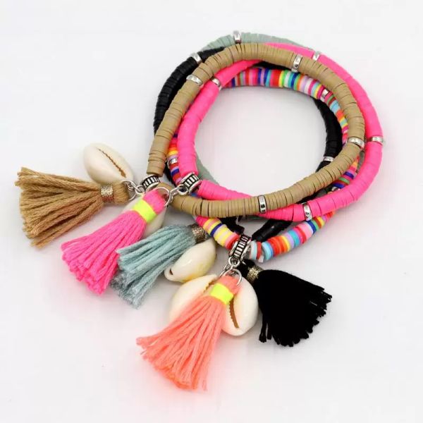 Cuentas, hebras bohemias pulseras para mujer joyería al por mayor tassel colorido shell colgante encanto pulsera accesorios de playa