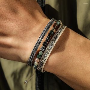 Kralen strengen Boheemse gelukkige schedelsteen kralen armbanden set zilveren kleur blad armband tibetaans handgemaakte touwketen voor mannen sieraden cadeau fa