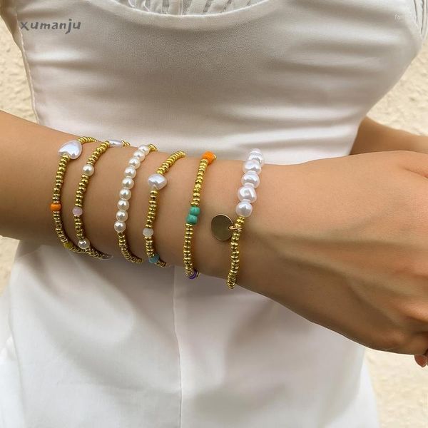 Pulsera de hebras con cuentas, forma especial barroca, corazón de perla, conjunto de moda, cuentas geométricas con personalidad, lentejuelas de cobre, joyería de mano Fawn22