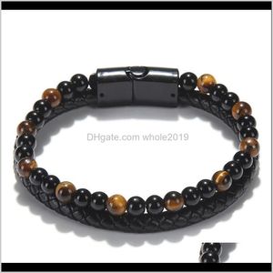 Bracelets perlés, brins Drop Livraison 2021 Mode Mens Bijoux Pu Cuir Noir Bouton Magnétique Tiger Eye Bracelet Eyo6L