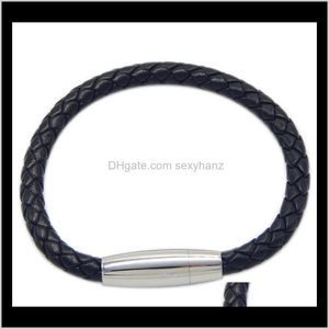 Kralen, strengen armbanden drop levering 2021 mannen sieraden roestvrijstalen armbanden, gevlochten pu lederen armband met magneet gesp, 6 mm, verkocht