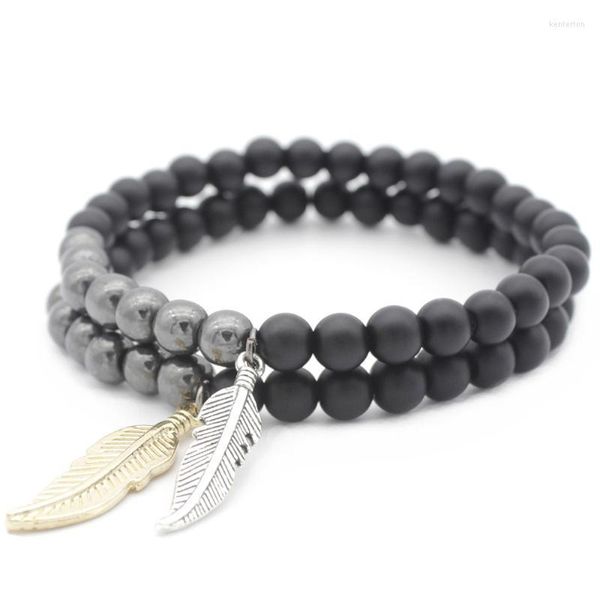 Pulseras de hebras con cuentas para hombres y mujeres, hematita esmerilada negra con hojas, sustancias vivas, joyería artesanal, regalos para parejas Kent22