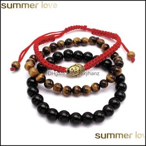 Bracelets à brins de perles bijoux 3 pièces/lot de perles, corde rouge, Bracelet tressé pour hommes, perle bouddha oeil de tigre, pierre naturelle noire, vente en gros