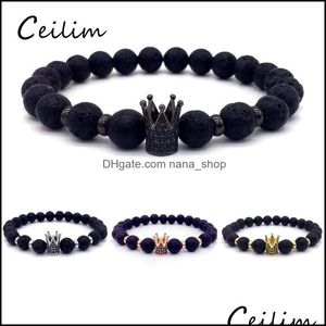 Beaded Strands Bracelets Jewelry Trendy Ball Black Lava Stone Bead Pave Cz King Crown And Helmet Charm Bracelet para hombres, mujeres, regalo de lujo D