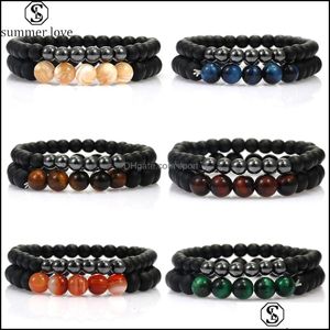 Perles Brins Bracelets Bijoux Tendance Naturel Noir Agate Pierre Double Bracelet Taille 6Mm / 8Mm Perles Oeil De Tigre Charme Bracele Dhoh5