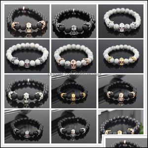 Perles, brins bracelets bijoux en gros 8mm onxy et perle de pierre mate micro pavé cz charme hommes couleur or casque de guerrier spartiate élastique