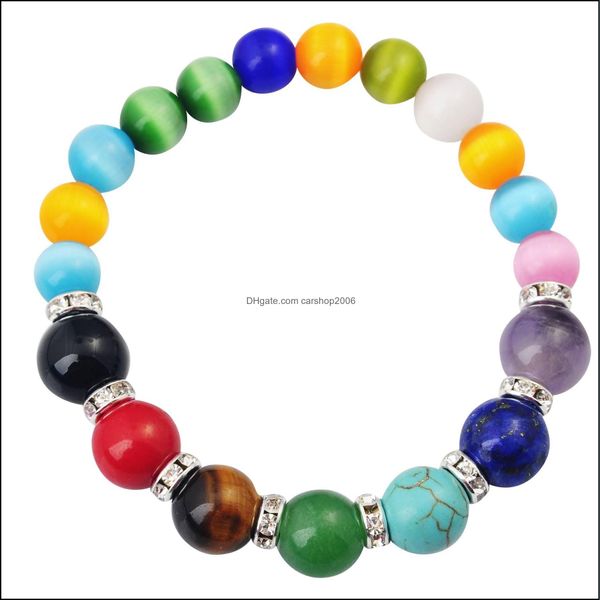 Cuentas, pulseras de hebras Jewelry7 Chakra ojo de gato piedra de cuentas redondas 8Mm cristal curativo Aura señoras joyería pulsera gota entrega 2021 Joqc8