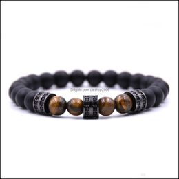 Bracelets de perles, brins bijouxmatte noir agate sier micro-incrusté cylindrique entretoise élastique bracelet de perles en bois hommes et femmes bijoux