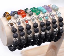 Bracelets à brins de perles en pierre de lave, extensible, main de Fatima Hamsa, Bracelet à breloques de Mala, mauvais œil, pour hommes et femmes