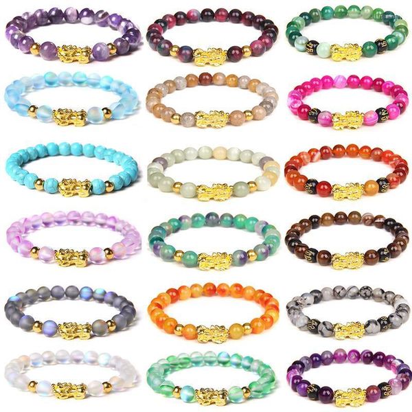 Hebras de cuentas Budismo Feng Shui Pulsera de piedra Hombres Mujeres Ágatas naturales Cuentas Pulseras de la suerte Oro Pixiu Riqueza Charm Joyería Lars22