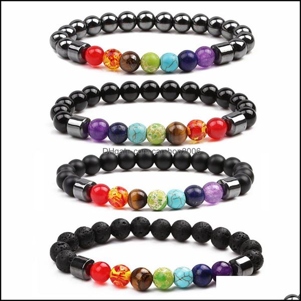 Brins de perles Chakra Bracelets pour femmes Roche de lave 7 pierres de cristaux de guérison 8 mm Bracelet de perles de yoga Diffuseur d'huiles essentielles Jewelr Dh8Dh