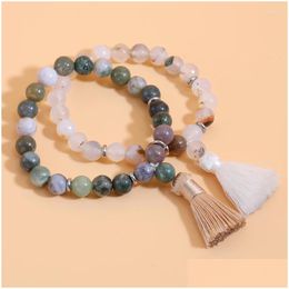 Beaded Strengen Charm Mala Natuursteen Armband Met Kwastje Turkoois Bangles Vrouwen Yoga Gebed 8Mm India Onyx Beads Braceletsbeaded Dhpdg
