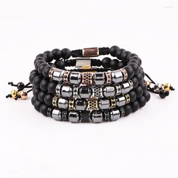 Bracelet en pierre naturelle pour hommes, brins de perles, hématite, CZ, Tube Micro pavé, macramé d'amitié réglable, Fawn22