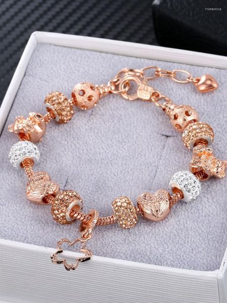 Bracelet à breloques en or rose design brins de perles avec amour et perles étoile à cinq branches bijoux de mariage pour femmes longueur réglable Trum22