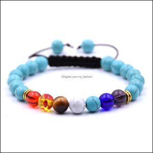 Perles Strands Vente d'usine à la main chanceux turquoise tissé 7 chakra réglable bracelet en pierre naturelle avec des perles rondes de 8 mm pour unise dhgio