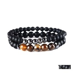 Kralen strengen mode 2 pc's 6/8 mm dl gepolijste zwarte steen kralen armband mat onxy kralen stalen armbanden ingesteld voor vrouwen gebed druppel otf2g