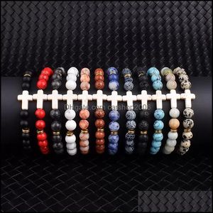 Kralen strengen mode Jezus kruis charmable armbanden mannen natuur lava steen 8 mm witte kralen gebed reiki armbanden voor vrouwen yoga drop de dhjrg