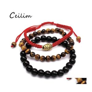 Hebras de cuentas Joyería de moda 3 unid / set Pulsera de chakra de Buda para mujeres 6Mm Tigereye 8Mm Grano de piedra negra Encanto Yoga Mayorista Otmmt