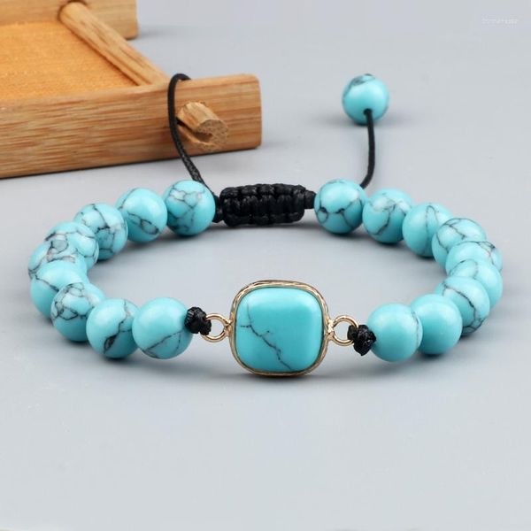 Hebras de cuentas Joyería de moda Pulsera de 8 mm Piedra natural Azul claro Turquesas Pulseras trenzadas de cuerda ajustable hechas a mano para mujeres Trum22