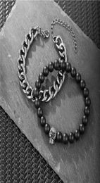 Brins de perles Mode Hommes Crâne Bracelet Chaîne Bracelets 2pcsset Alliage Pierre Naturelle Perles Bijoux Amis Pulseiras Amour Bra8963823