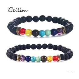 Kralen strengen mode natuurlijke zwarte lava stenen kralen armband 6 mm vulkanische etherische oliediffuser 7 chakra's yaga kraal voor mannen wome otn5f