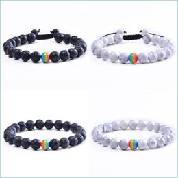 Hebras de cuentas Moda Rainbow Bead Pareja Strands Pulsera Conjunto Hecho a mano Piedra natural Black Lava Rock Howlite Lgbt Gay Bangle Mujeres Dhkkc