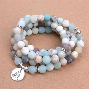 Bracelet à brins de perles pour femmes, perles d'amazonite givrées mates avec Lotus OM bouddha, breloque Yoga Mala, collier 237D