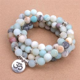 Bracelet pour femmes, brins de perles, perles d'amazonite givrée mate avec Lotus OM bouddha, charme Yoga 108, collier Mala Drop1281s