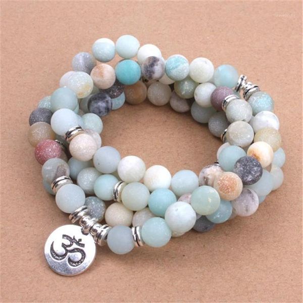 Hebras de cuentas, pulsera de moda para mujer, cuentas de amazonita esmeriladas mate con Lotus OM Buddha Charm Yoga 108 Mala, collar Drop12260