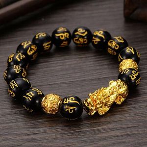 Hebras de cuentas Feng Shui Pulsera de cuentas de piedra de obsidiana Hombres Mujeres Pulsera unisex Oro Negro Pixiu Riqueza y buena suerte 238m