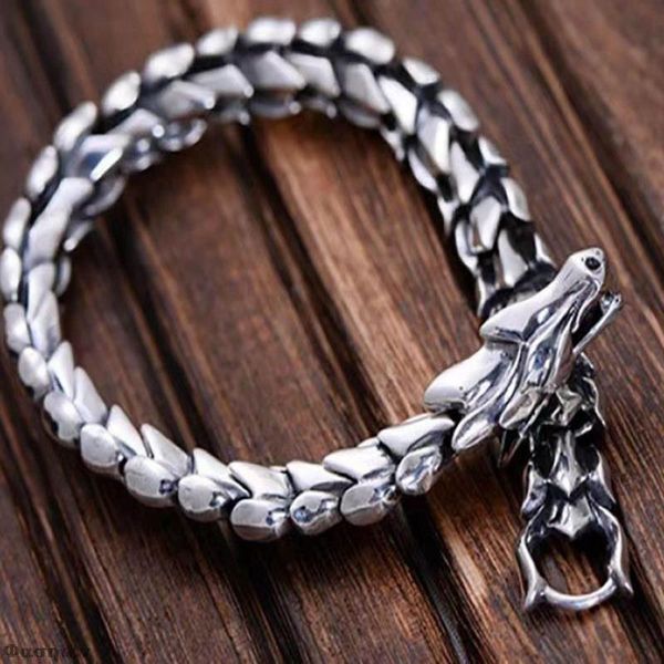 Perlé, brins bijoux en argent Sterling véritable Bracelet à l'échelle du Dragon lourd pour hommes Vintage nordique Punk hommes