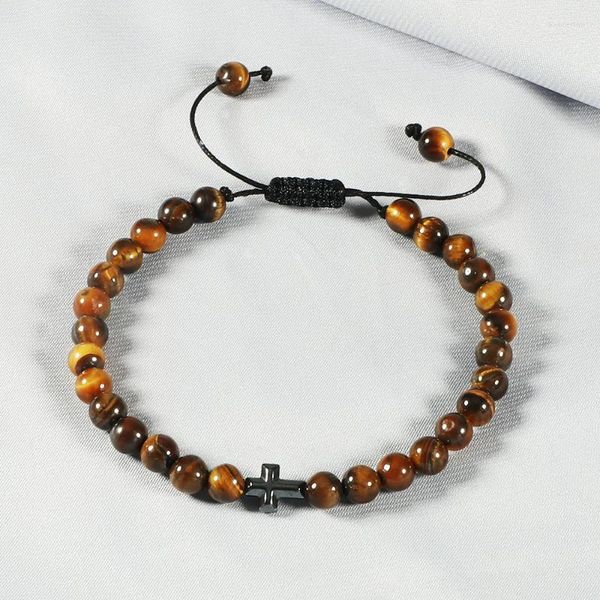 Hebras de cuentas Hematita hecha a mano Cruz Ojo de tigre Pulseras de piedra Hombres 6 mm Brazalete de lava negro Mujeres Joyería de malaquita ajustable Regalo Kent22