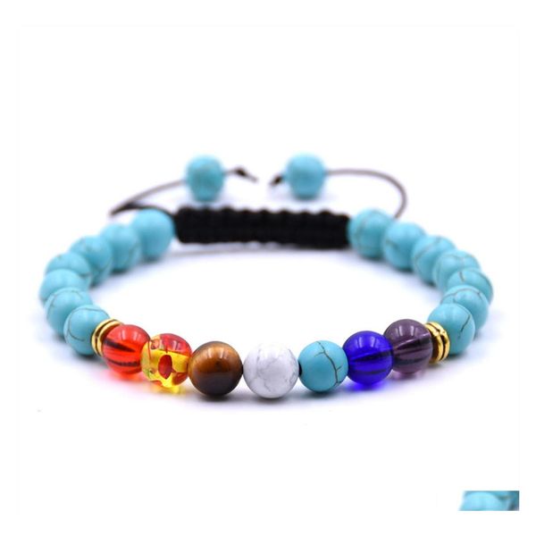 Pulsera de piedra natural ajustable de 7 chakras tejida con turquesa de la suerte hecha a mano con cuentas redondas de 8 mm para unisex Dhnuc al por mayor