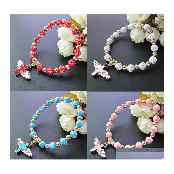 Hilos de cuentas Hecho a mano Blanco Rojo Azul Acrílico Pulsera de cuentas para mujeres Jesucristo Cruz Oración Ángel Ala Bautismo Coronilla Gota D Ottmw