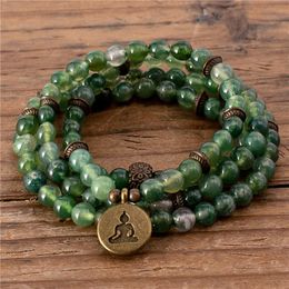 Brins de perles Yoga fait à la main 108 Mala 6mm Vert Herbe Agate Bronze Bouddha Charme Perles Bracelet Boho Prière Méditation Bijoux DropBeaded