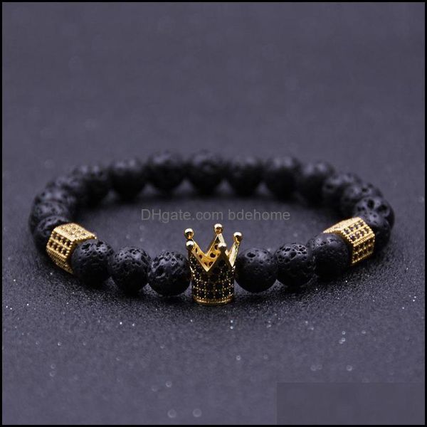 Hilos de cuentas Pulseras de tapones de corona imperial Pulsera de cuentas naturales de piedra de lava negra para mujeres Hombres Joyería Pseras Dhseller2010 Dho1R