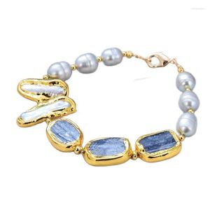 Brins de perles JK pierre naturelle de culture blanc Biwa perle gris riz eau douce bleu Kyanite Bracelet fait à la main pour les femmes Inte22