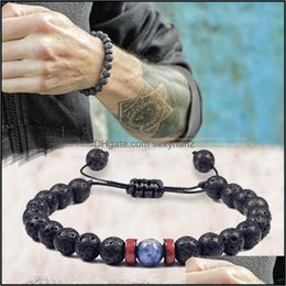 Con cuentas, Strands Men Bracelet Natural Black Onyx Stone Beads Tibetan Buddha Chakra Lava Difusor Pulseras Joyería Ajustable Drop Delivery 2