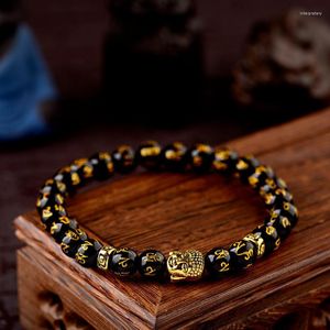 Bracelet Feng Shui pour hommes et femmes, brins de perles, chance, richesse, bouddha, pierre obsidienne noire, Hombre, tête de charme en or, Inte22