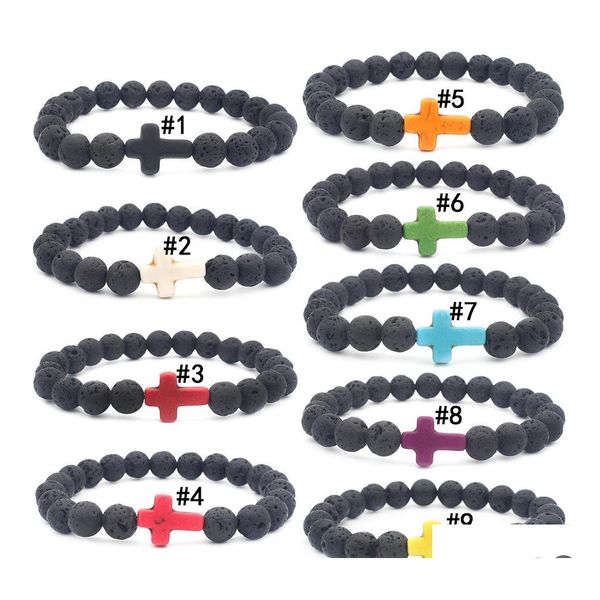 Perles Strands Hommes Lava Rock Cross Charm Bracelet Noir Naturel Volcanique Guérison Énergie Pierre Yoga Perles Bracelet Pour Femmes Mode Otnhv