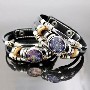 Beaded, Strands Mysterious Metatron Cube Multilayer Lederen Armband Sacred Geometry Flower of Life Glass Snap Button Armbanden voor Men Wome