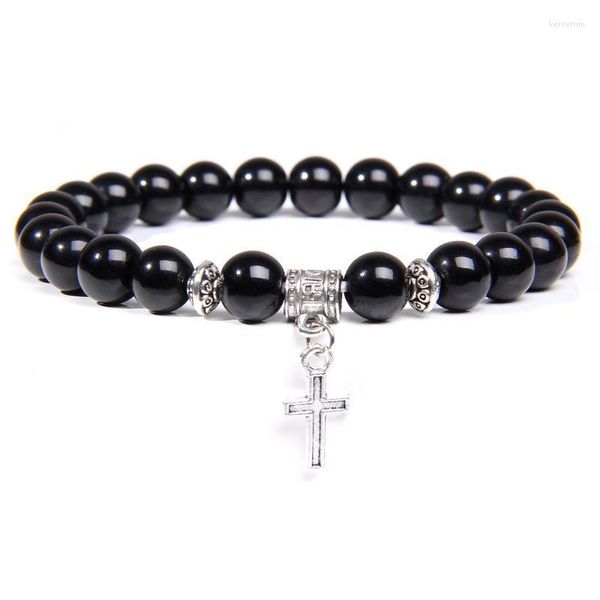 Brins de perles Naturel Noir Onyx Perles Bracelet Mode Lave Volcanique Religion Croix Pendentif Charme Pour Femmes Hommes Yoga Bijoux Kent22