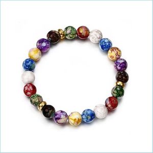 Brins de perles Bracelets en pierre polonaise naturelle Dl Colorf Chakra Yoga Énergie Bouddhiste Prière Perle Bronze Bracelet Perlé Ornement 3050 Dhkgp