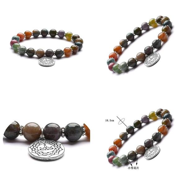 Hilos de cuentas Ágata india natural 8 mm Pulseras de cuentas de Buda Pulsera Yoga Meditación Om Colgante Pequeño copo de nieve Gota de copo de nieve Dhgarden Dhm6G