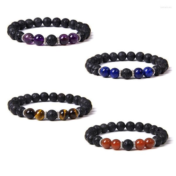 Brins de perles Perles de pierre de lave naturelle Bracelets pour femmes hommes Équilibre de guérison Chakra Améthystes Oeil de tigre Bracelet extensible Yoga Bijoux Lar