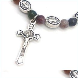 Brins de perles Pierre naturelle Agate Croix Bracelet Brins Rosaire de Jésus Bracelets de perles Élasticité À la main Drop Livraison 2021 Juif Dh4Jt